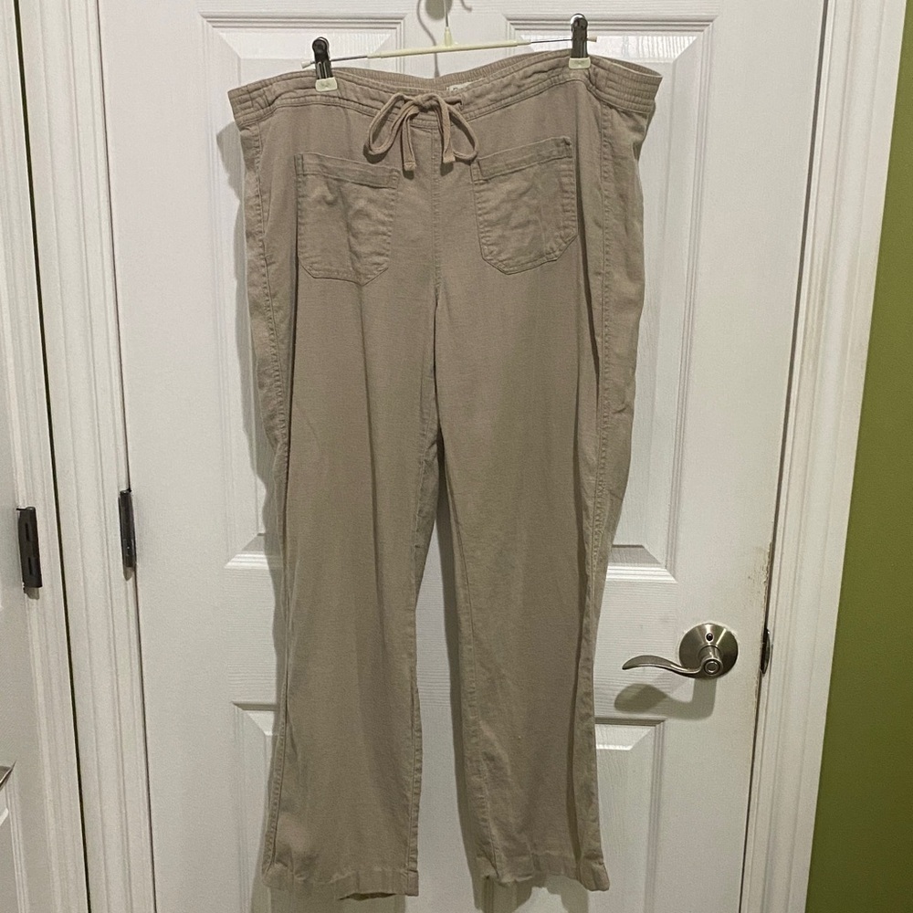 Per Se Women’s Tan Linen Blend Pants Drawstring Pull On Pockets Size 6 Runs big